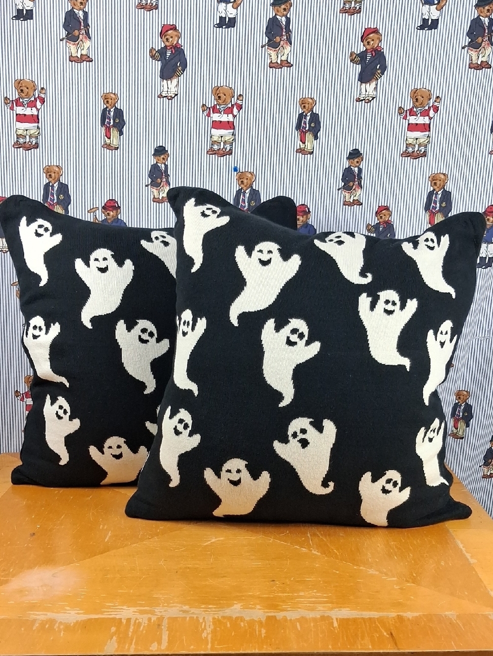 Lot Of 2 Mortar And Bone Mini Ghost Knit Black & White Halloween Throw Pillows